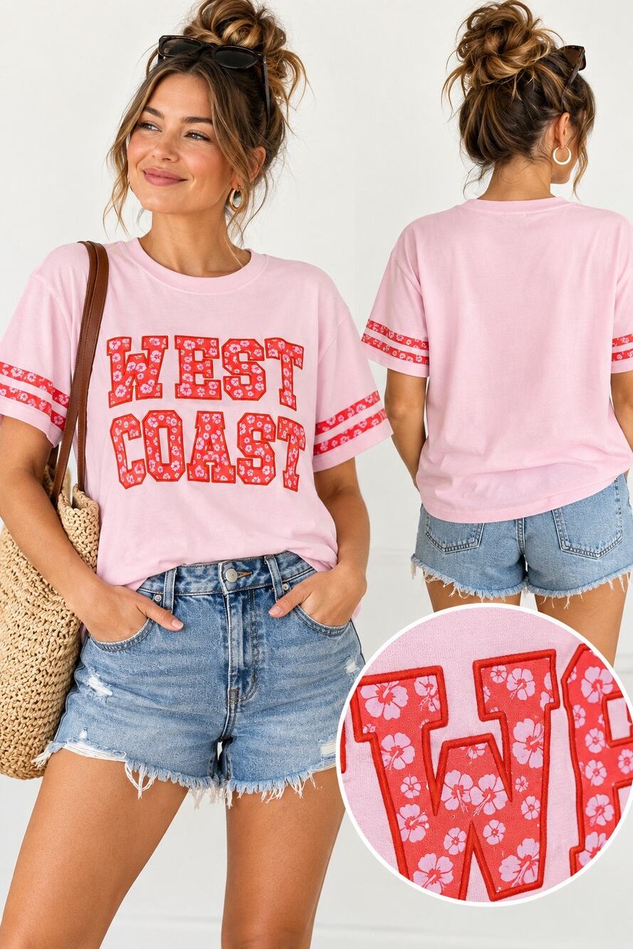 Messy Bun Just Chillin West Coast Floral Varsity Tee Pink Red Size L NWT